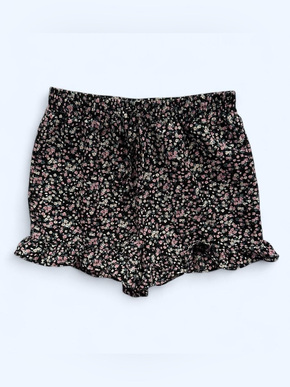 Shein Ditsy Floral High Waisted Ruffle Hem Shorts Black Pink Size Small Boho